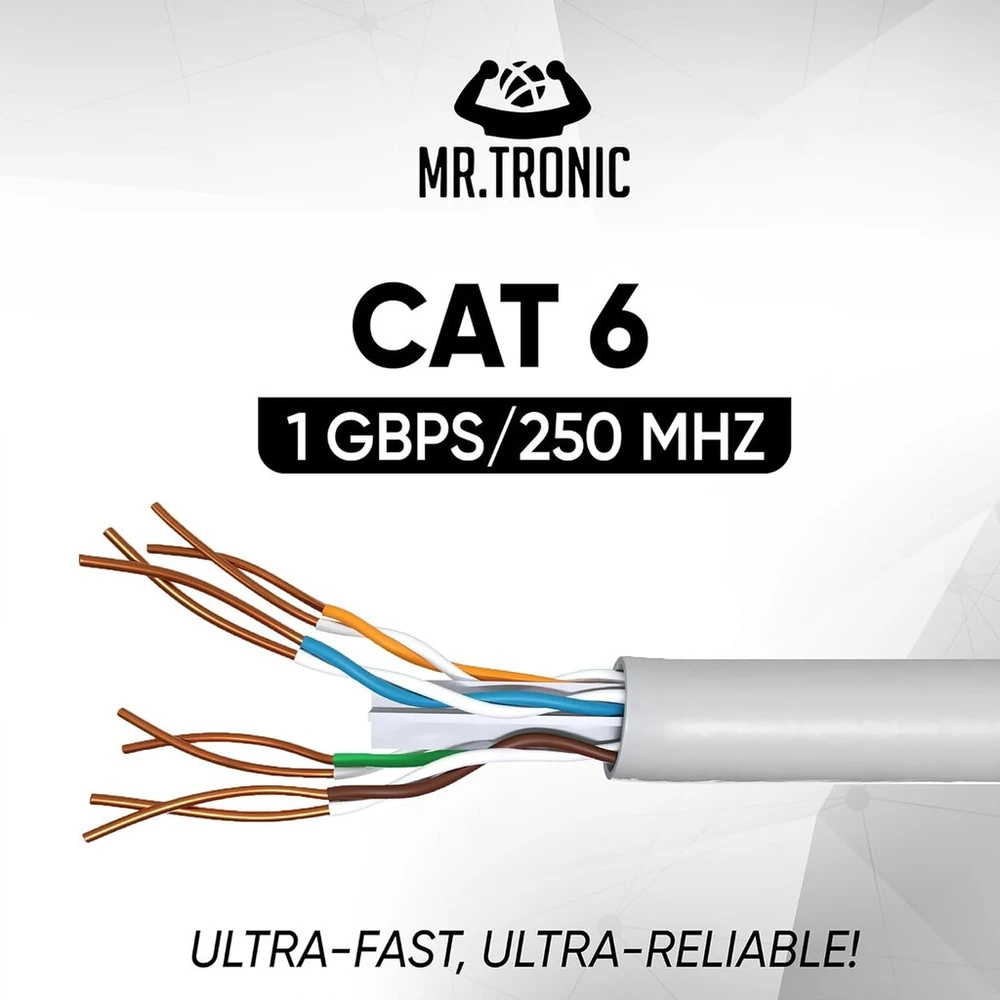 Mr. Tronic 25 m ethernet tinklo kabelis cat 6, lan tinklo kabelis greitam ir patikimam internetui, awg24 masės kabelis cat 6, bulk kabelis 1 gbps, 250 mhz, utp cca (25 metrai, pilkas)