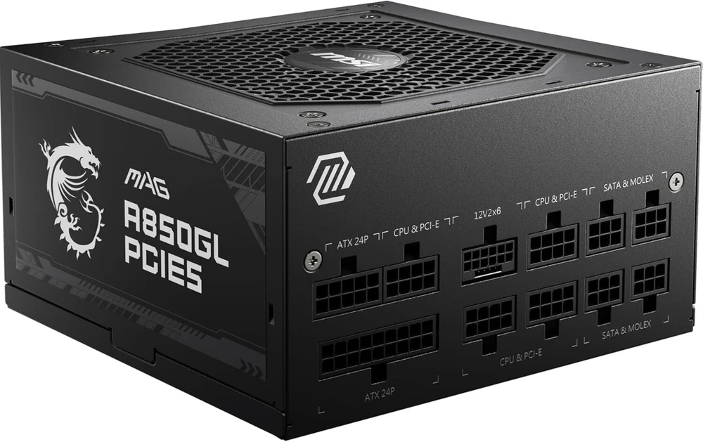 Msi Mag A850gl Pcie5 Maitinimo Šaltinis, 850w, 80 Plus Gold, Visiškai Modulinis, Atx 3.0, Palaiko Pcie 5.0 Gpu, 120 Mm Fdb Ventiliatorius Su Dinaminiais Rutuliniais Guoliais, Full-bridge Llc, Juodas Plokščias Kabelis
