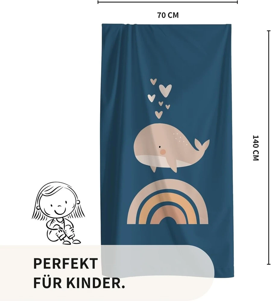 Mtonlinehandel vaikiškas paplūdimio rankšluostis 70 x 140 cm mergaitėms ir berniukams - minkštas ir gerai sugeriantis vonios rankšluostis su banginio motyvu mėlynas - medvilnės ir poliesterio mišinys