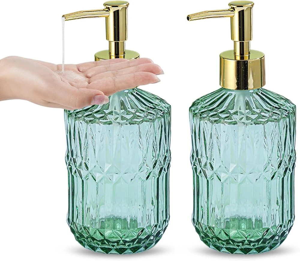 Muilo dozatorius, 2 dalių stiklinis muilo dozatorius, modernus muilo dozatorius, žalias, 400 ml muilo dozatorius, šampūno buteliukai užpildymui, su plastikiniu siurbliu, vonios kambariui, stalviršiui, virtuvei
