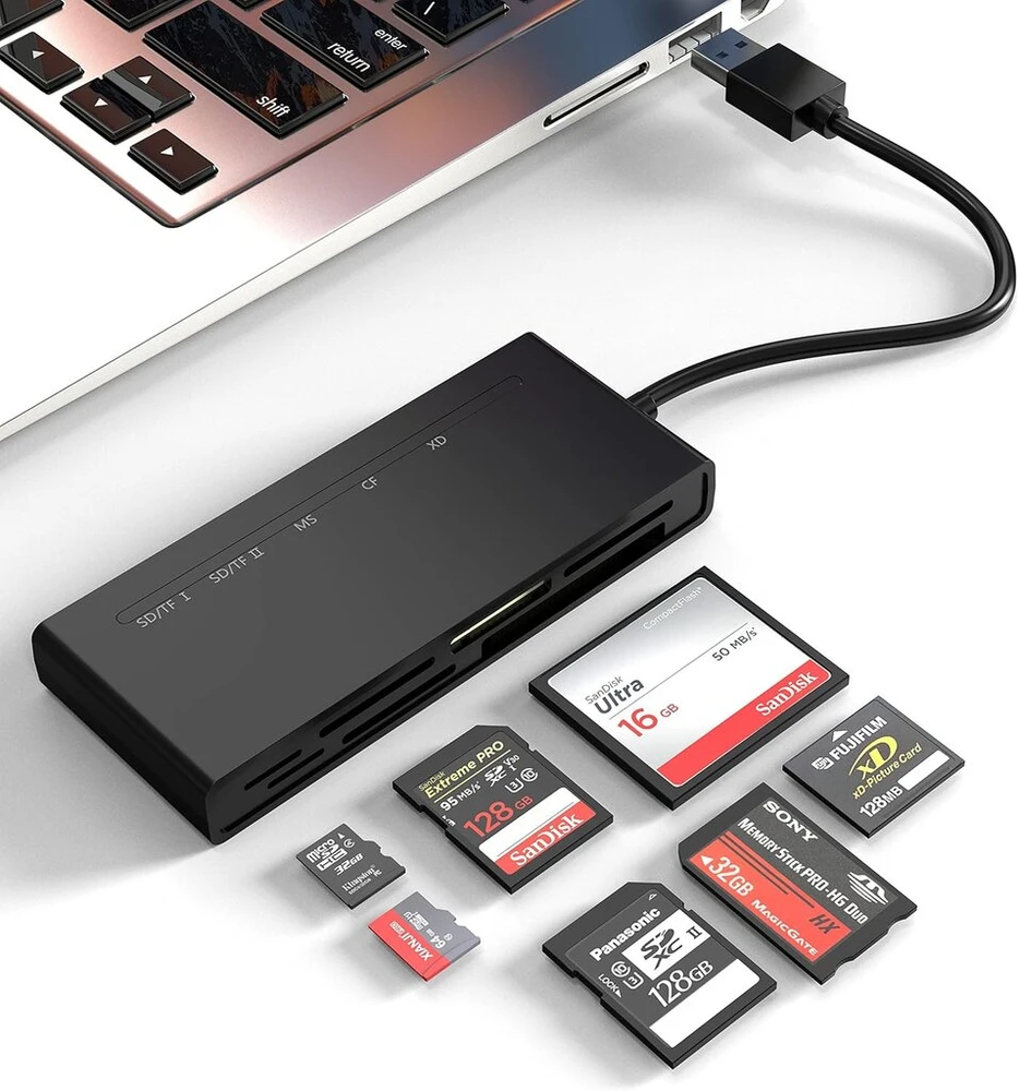 Multi sd kortelių skaitytuvas usb 3.0, sd/tf/cf/ms/xd 5 gbps didelės spartos atminties kortelių skaitytuvas, skirtas sdxc sdhc micro sd cf ms mmc kortelėms, sony memory stick pro duo adapteris, skaito 5 korteles vienu metu
