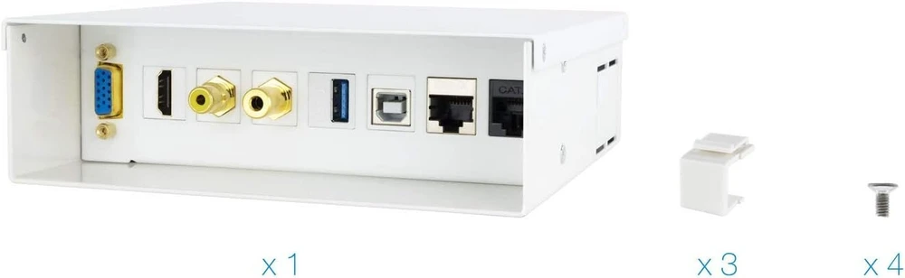 Multimedia jungčių dėžutė su Vga, Hdmi, audio lizdu, Rca, Usb ir Rj45 įvestimis, idealiai tinkanti efektyviam kabelių valdymui ir jungiamumui įvairiuose įrenginiuose.