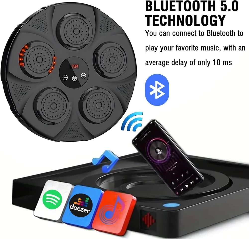 Muzikos bluetooth bokso treniruoklis, elektroninė muzikos dėžė su led, usb įkraunamas bokso treniruoklis, dekompresija vaikams ir suaugusiems, pagreitina rankų-akių reakciją ir koordinaciją, juodas