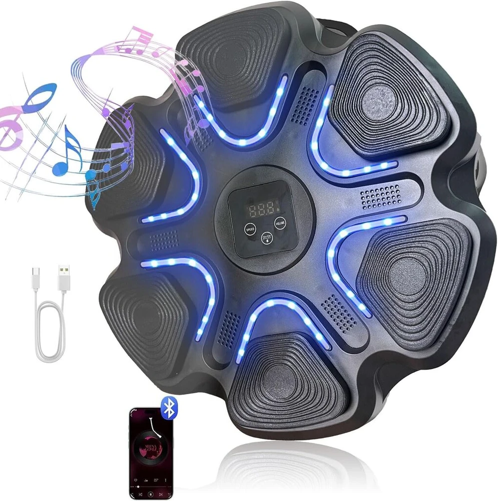 Muzikos bluetooth bokso treniruoklis, elektroninis muzikos bokso treniruoklis, išmanusis muzikos bokso treniruoklis, bokso treniruočių smūgiavimo įranga, sieninis taikinio bokso treniruoklis, prie sienos montuojamas bokso treniruoklis namų pratimams