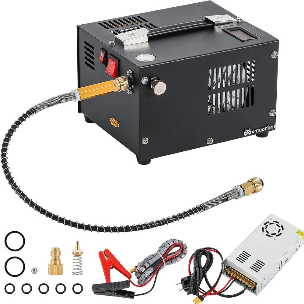Mxmoonant 300 barų nešiojamas pcp kompresorius, be alyvos ir vandens, gali būti naudojamas su 220v maitinimo šaltiniu ir 12v automobilio akumuliatoriumi, skirtas airsoft, dažasvydžio bakams, su eu kištuku