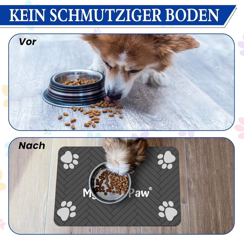 My Cleanpaw® dubenėlio kilimėlis šunims ir katėms - sugeriantis, neslystantis ir plaunamas - xxl 60 x 40 cm, apsaugo grindis nuo vandens, maisto ir trupinių - pilkas maitinimo kilimėlis, silikoninis kilimėlis