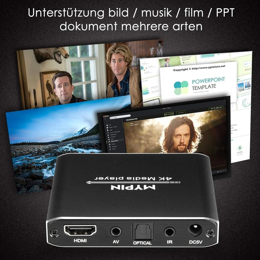 Ausinės Mypin hdmi multimedijos grotuvas, 4k@30hz skaitmeninis medijos grotuvas hdmi/av išvestis ppt mkv avi rmvb rm, skirtas hdtv su nuotolinio valdymo pultu, palaiko usb atmintines ir sd korteles, usb pelė