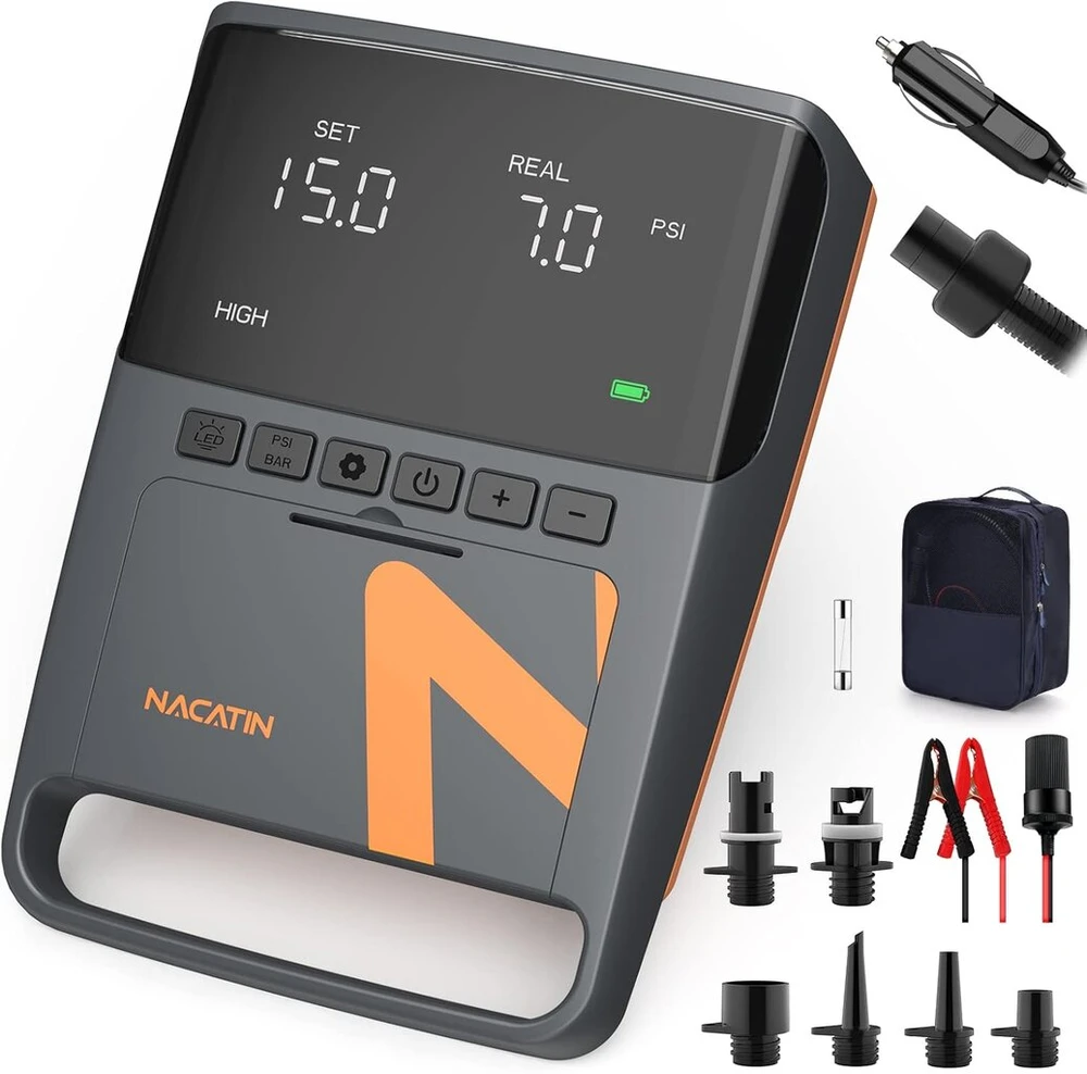 Nacatin sup oro siurblys, elektrinis irklavimo lentos siurblys, aukšto slėgio išmanusis dviejų pakopų pripūtimas, automatinis išjungimas, išpūtimo funkcija, 12 v dc jungtis automobiliui
