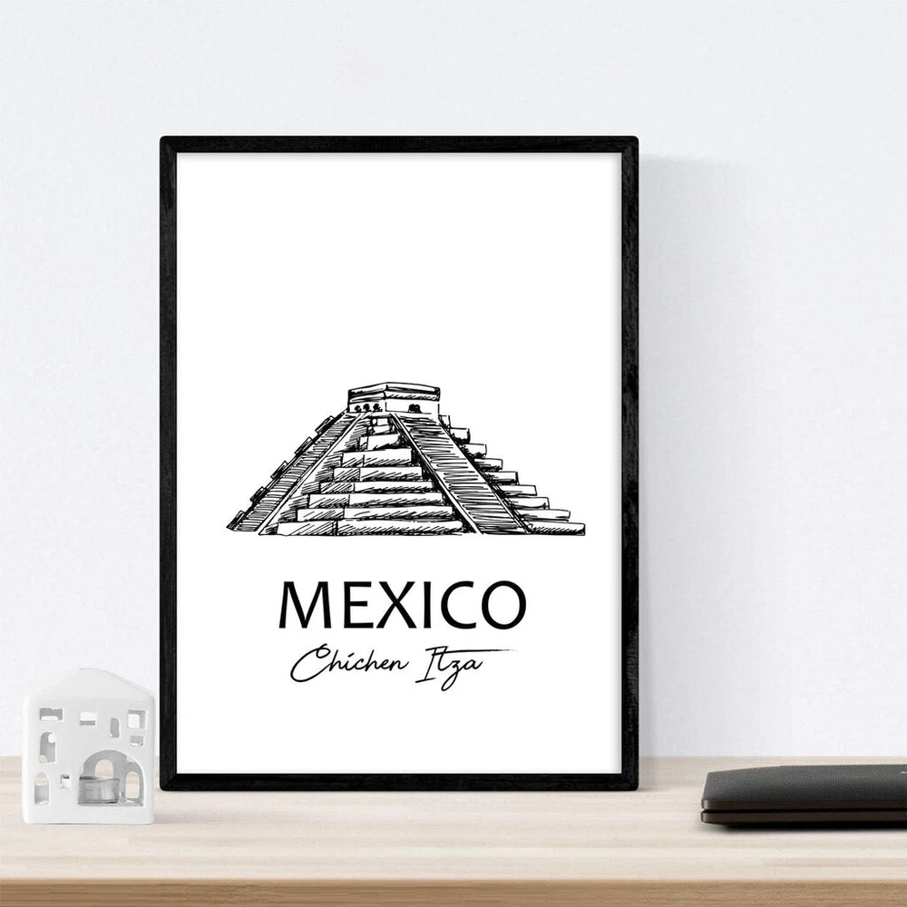 Nacnic plakatas meksika - chichen itza. lapai su miestų paminklais a3 formatas