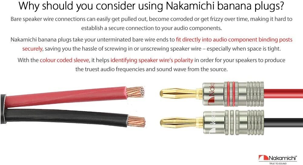 Nakamichi Ultimate Series paauksuoti 24k berilio raudono vario bananiniai kištukai garsiakalbio kabeliui 12-18 awg, 4 mm dydžio hifi stiprintuvui, 2 vnt. (1 pora)