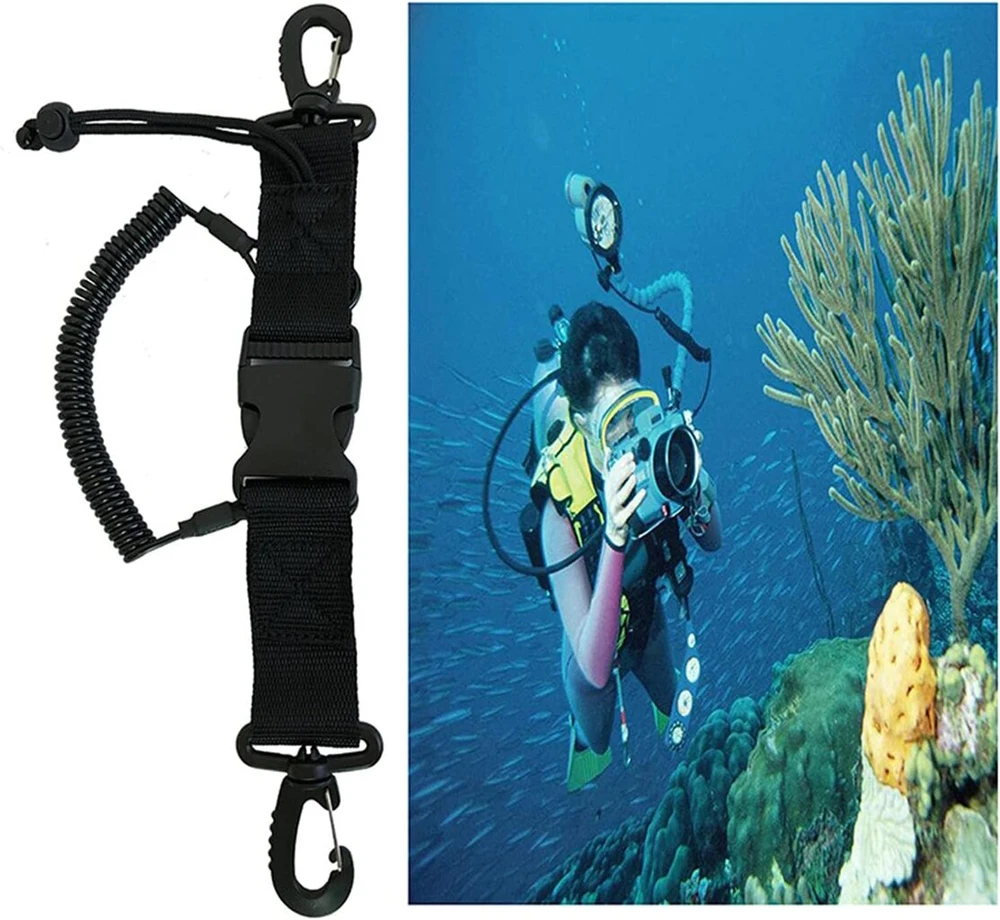 Nardymo spiralinis kabelis, spiralinis kabelis su karabinu, skirtas povandeninei kamerai tvirtinti, spiralinis kabelis nardymo kamerai, skirtas povandeninei kamerai, snorkeliavimo apsaugos nuo švino dirželis su greito atsegimo spaustukais, juodas