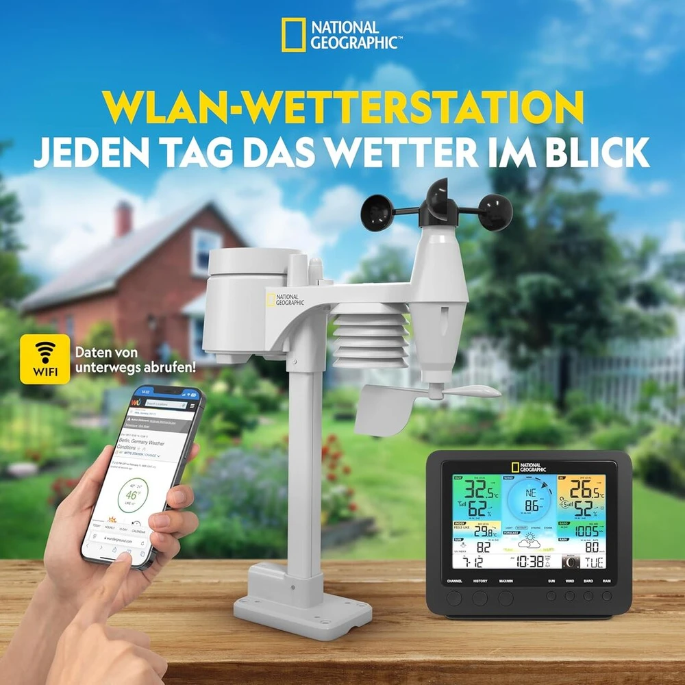 National Geographic belaidė meteorologijos stotis su lauko jutikliu, wlan spalvotas meteorologijos centras su 7-in-1 profesionaliu jutikliu vėjui, drėgmei, temperatūrai, krituliams, uv lygiui ir šviesos intensyvumui