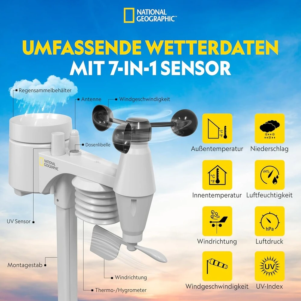 National Geographic belaidė meteorologijos stotis su lauko jutikliu, wlan spalvotas meteorologijos centras su 7-in-1 profesionaliu jutikliu vėjui, drėgmei, temperatūrai, krituliams, uv lygiui ir šviesos intensyvumui