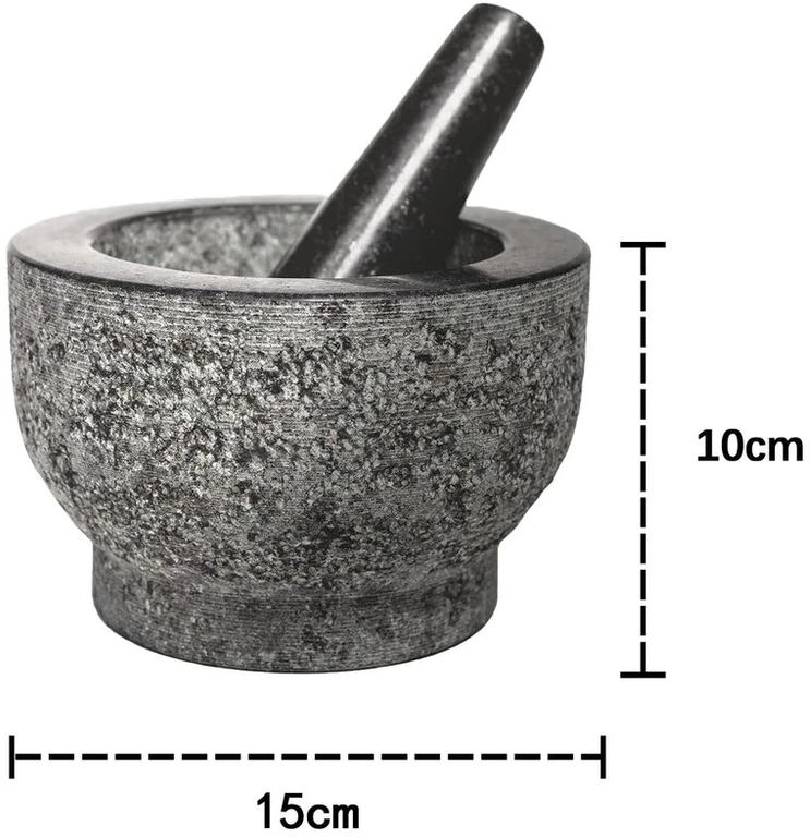 Natūralus nepoliruotas granito grūstuvas su piesta – 15 cm, 3,5kg svorio, unikalus raštas, lengvai valomas – idealiai tinka kaip dovana ir prieskoniams, žolelėms bei padažams ruošti