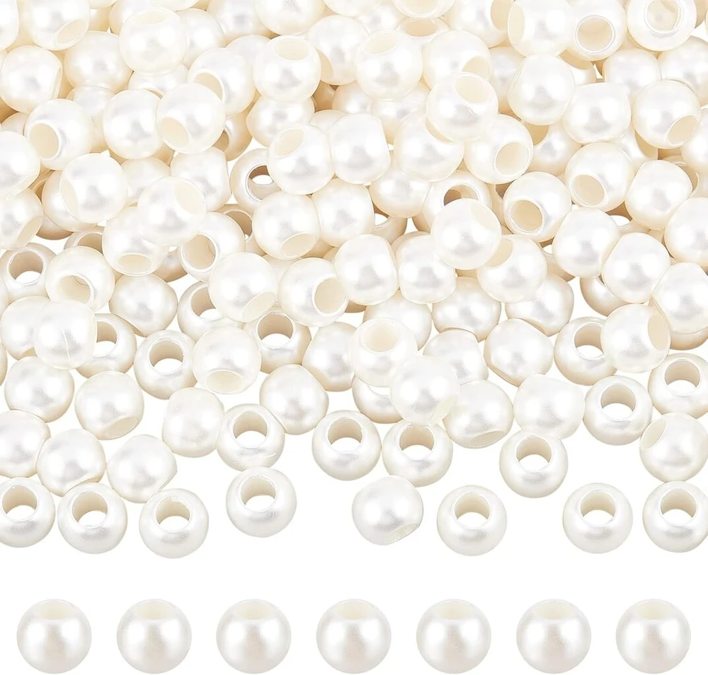Nbeads 300 vnt. baltų abs dirbtinių perlų rinkinys, 11,8 x 9,5 mm didelės skylės plastikiniai imitaciniai perlai, apvalūs dirbtiniai perlai, laisvi rondelle tarpikliai, europietiški karoliukai papuošalų gamybai, skylė: 5,8 mm