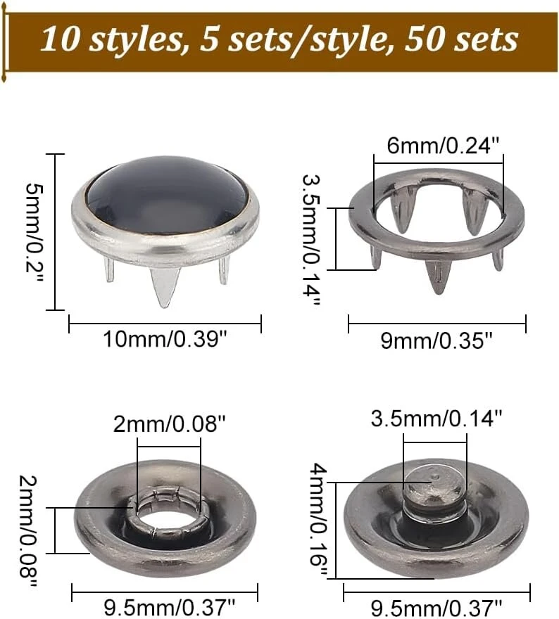 Nbeads 50 rinkinių 10 spalvų žalvariniai spaudės, dekoratyvinės spaudės, metalinės drabužių sagos, dervos perlų spaudės drabužiams, roko spaustukai, kniedės, „pasidaryk pats“, siuvimas, amatai
