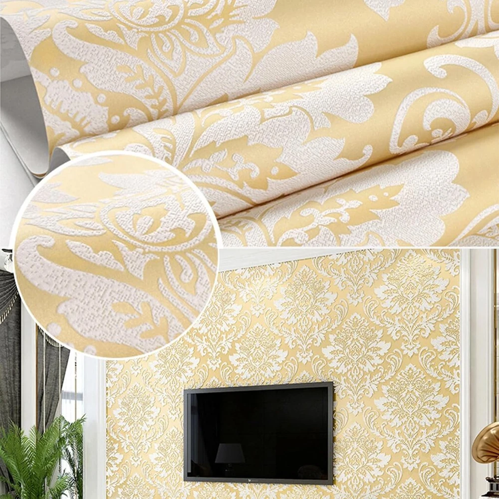 Neaustiniai tapetai, elegantiški, vintažiniai reljefiniai tapetai su baroko raštu, pastorinti 3d tapetai, 9,5 m x 0,53 m, skandinaviškas dizainas, sienų dekoracija, miegamasis, svetainė, sieninė spintelė, smėlio spalvos