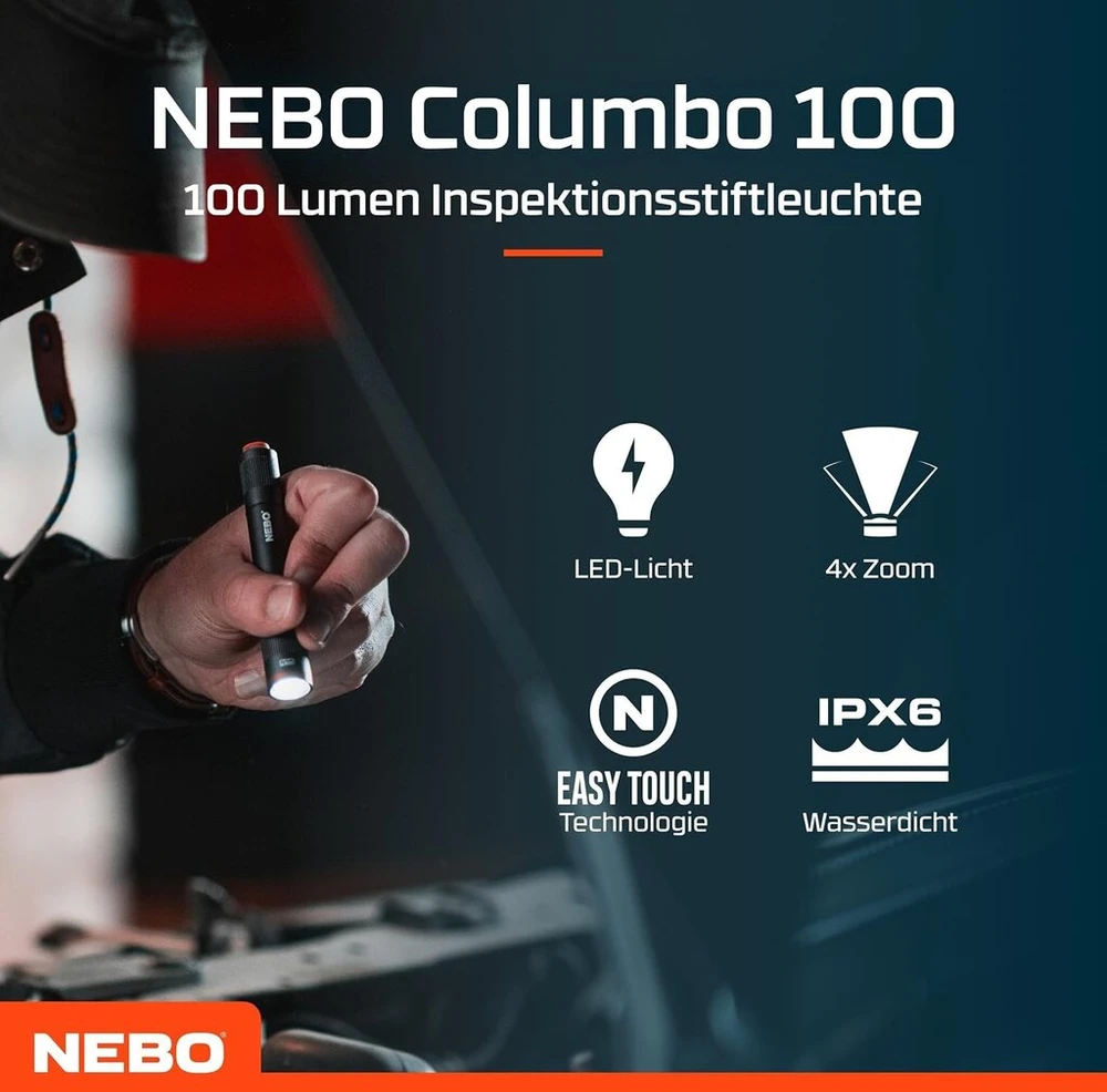 Nebo Columbo Flex 100 rašiklio dydžio žibintuvėlis, juodas Led inspekcinis darbo žibintas, Aaa baterija su 4x reguliuojamu priartinimu