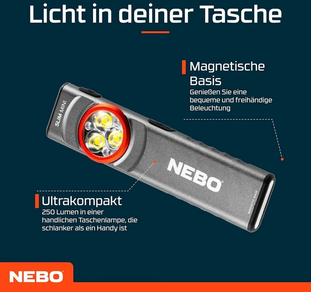 Nebo Slim Mini - Įkraunamas Led žibintuvėlis su Usb C ir itin plonu profiliu - Ryški 250 liumenų galia ir iki 10 valandų veikimo laikas - Vandeniui atspari žygio įranga ir stovyklavimo reikmenys