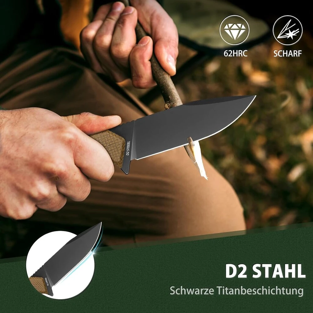 Nedfoss Boar išgyvenimo peilis, 10.5 cm Full Tang D2 plieno lauko peilis su micarta rankena, aštrus bushcraft peilis su ugnies skeltuvu, jadg peilis su kydex dėklu, ride peilis stovyklavimui, žvejybai