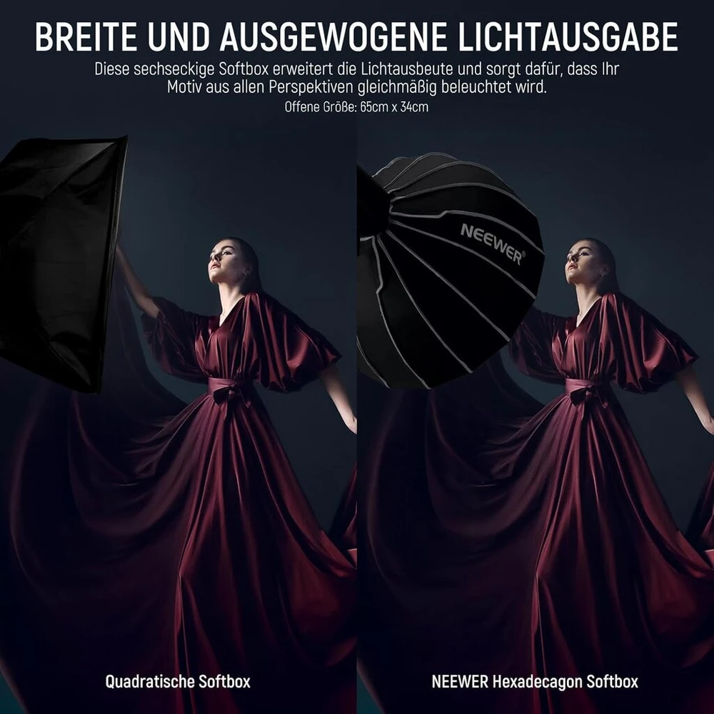 Neewer 65 cm parabolinis šešiakampis softbox'as, greitas surinkimas su Bowens jungtimi, metalinis beauty dish/difuzoriai/tinklelis/krepšys, suderinamas su Cb200b Cb60 Ms60b Ms60c, Ns65u