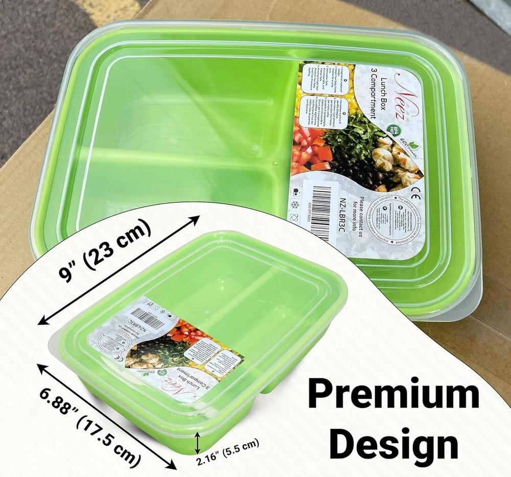 Neez priešpiečių dėžutė - 3 skyrių priešpiečių dėžutė (1400 ml) vyrams, moterims, į biurą ir mokyklą, kasdieniška bento dėžutė pietums ir pusryčiams, saugi naudoti mikrobangų krosnelėje, hermetiškas indas su dangteliu (žalia)