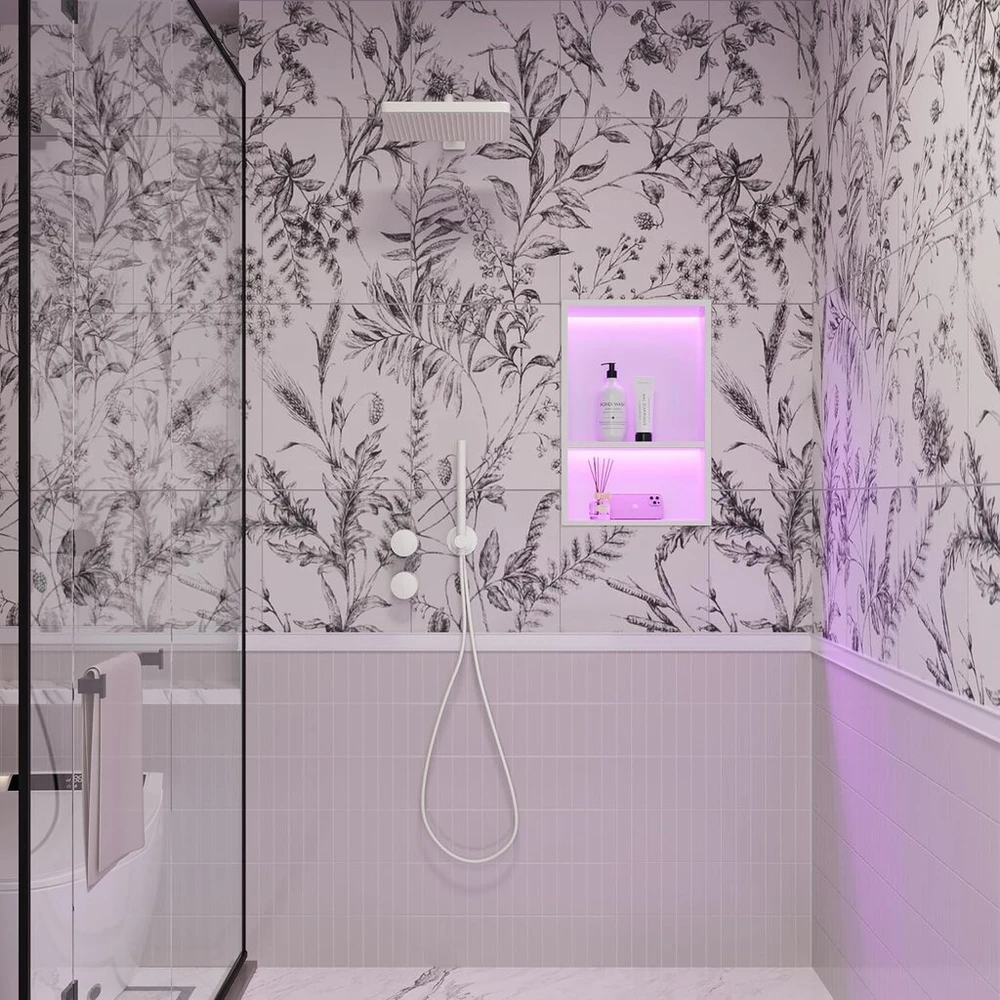 Neohomee sieninė niša dušui iš nerūdijančio plieno su rgb led apšvietimu, dviguba dušo niša balta laikymui su nuotoliniu valdymu vonios kambariui, 45x30 cm