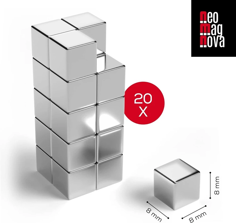Neomagnova® 20 stiprūs neodimio 8 mm kubo magnetai magnetinėms stiklinėms sienoms, lentoms ir dar daugiau