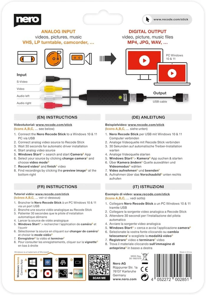 Televizorius Nero Video Grabber | Skaitmeninės vaizdo kasetės | Vhs į Usb | Dvd į Pc | Analoginis į skaitmeninį vaizdo įrašymo įrenginys | S-vhs | Hi8 | Super 8 | Windows 11/10 | Macos