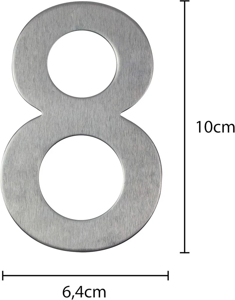 Nerūdijančio plieno namo numeris, atsparus oro sąlygoms ir lengvai prižiūrimas, metalo matinė sidabro apdaila, modernus ir lengvas lipnus montavimas, aukštis 100 mm, arial šriftas, numeris 8
