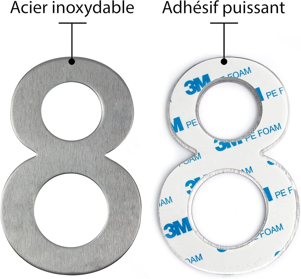 Nerūdijančio plieno namo numeris, atsparus oro sąlygoms ir lengvai prižiūrimas, metalo matinė sidabro apdaila, modernus ir lengvas lipnus montavimas, aukštis 100 mm, arial šriftas, numeris 8