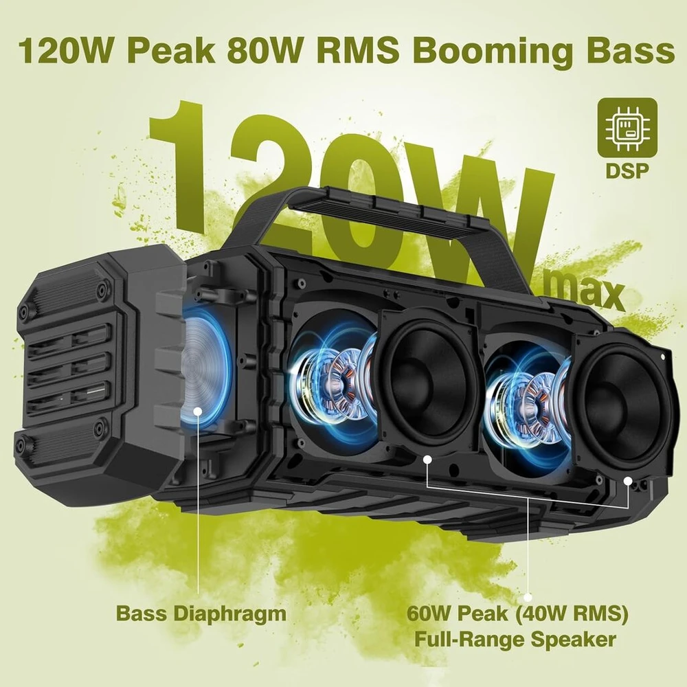Kompiuterio kolonėlės Nešiojama bluetooth kolonėlė, 120w peak 80w belaidė kolonėlė, tws pairing, gilus žemas dažnis, hi-fi kolonėlė, ipx6 atspari vandeniui, dsp sound boombox laukui, stovyklavimui, vakarėliui (juoda)