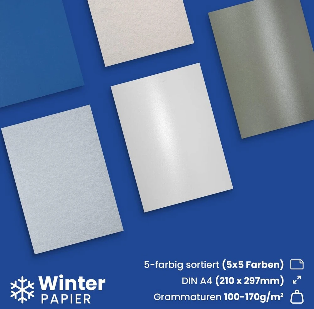 Netuno 25 x kūrybinis popierius winter din a4 210 x 297 mm 5 skirtingų spalvų popierius rankdarbiams, skirtas pasidaryk pats atvirukų rinkiniui, skirtas dekoravimui, spalvoto popieriaus mišinys, aukštos kokybės winter spalvos, winter dekoravimo rinkinys