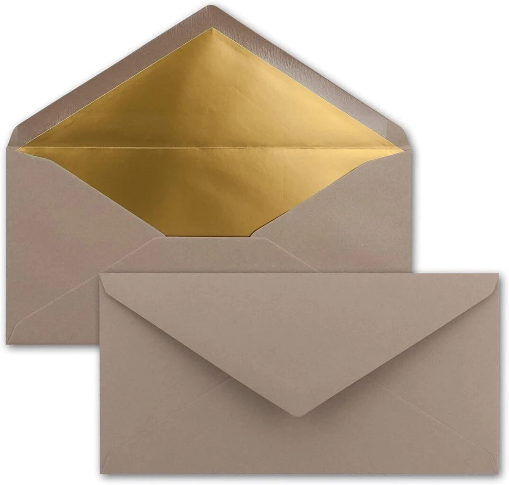 Neuser Papier vokai Din Long formatui, su klijais, drėgnai užklijuojami, aukso/sidabro metalizuotas pamušalas