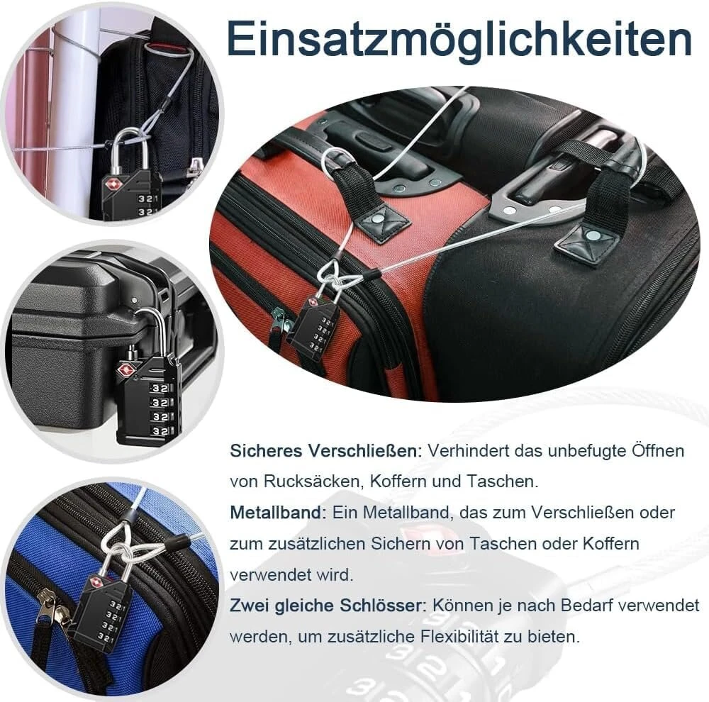 Newace Tsa lagaminų spynos, 3 skaitmenų nustatoma kombinacinė spyna, kodinė spyna, trosinė spyna, lagamino spyna, pakabinama spyna, kelioninė spyna su cinko lydinio korpusu, 1 vnt., juoda