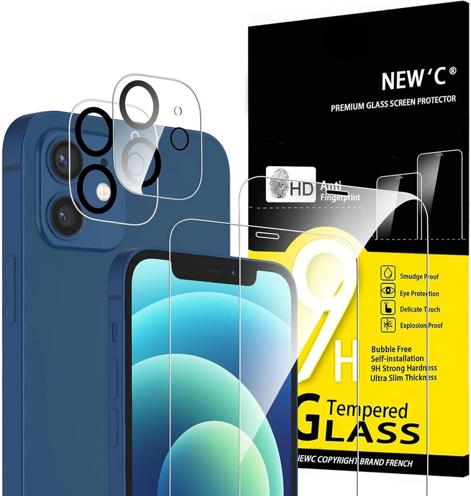 New'c grūdinto stiklo ekrano apsauga, skirta iphone 12, ir grūdintas stiklas kameros apsaugai (2 vnt.) - atsparus įbrėžimams - be oro burbuliukų - itin patvarus - 9h kietumo stiklas
