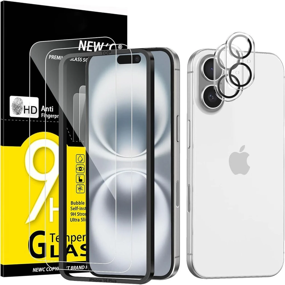 New'c grūdinto stiklo ekrano apsauga, skirta iphone 16 plus 6.7 colių (2 vnt.) ir 2 x kameros apsauga, skirta kameros apsaugai (2 vnt. pakuotė), atsparus įbrėžimams, itin patvarus 9h kietumo stiklas