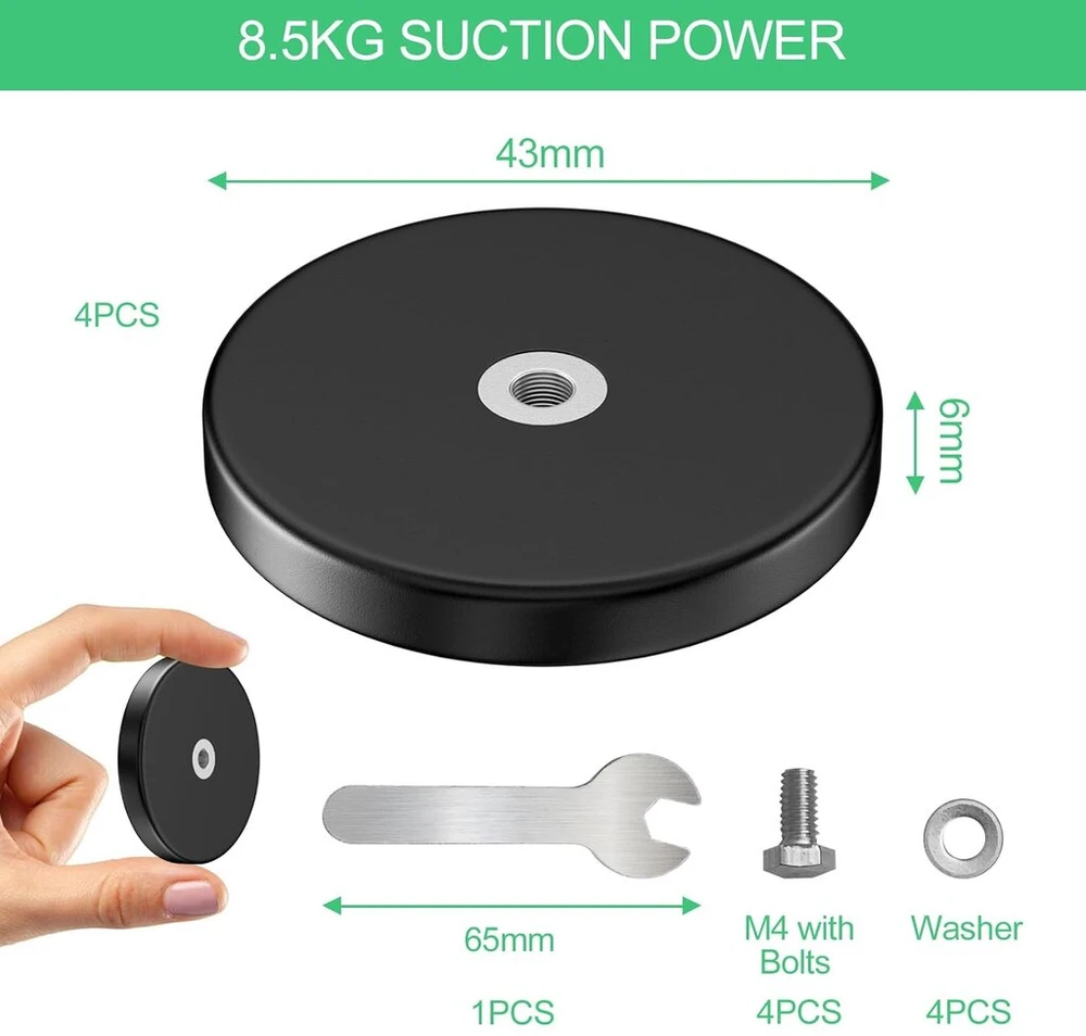 Newpop 4 magnetų rinkinys su sriegiu, 8,5kg klijavimo jėga, neodimio magnetas padengtas guma, skersmuo 43 mm, guma padengti magnetai prisukimui, apvalūs guminiai magnetai su M4 vidiniu sriegiu, stiprūs