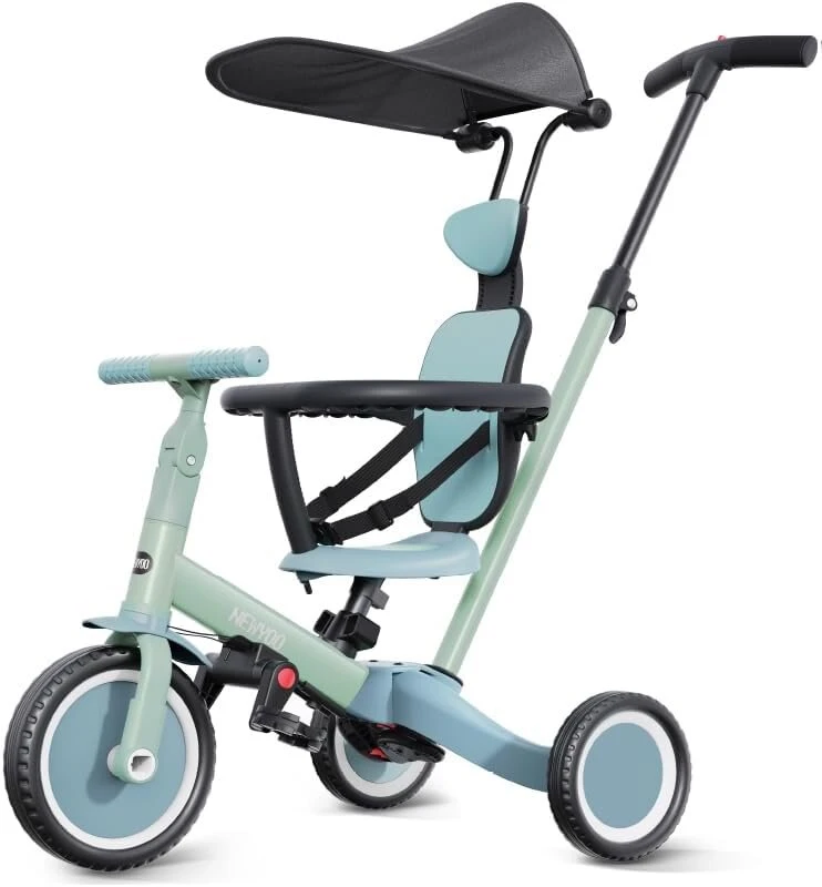 Newyoo 5-in-1 balansinis dviratis triratis | triratukas vaikams nuo 1 iki 3 metų | triratukas nuo 1 metų su stūmimo strypu ir stogeliu | balansinis dviratis | vaikiškas triratukas su stūmimo rankena, Tr009, žalias
