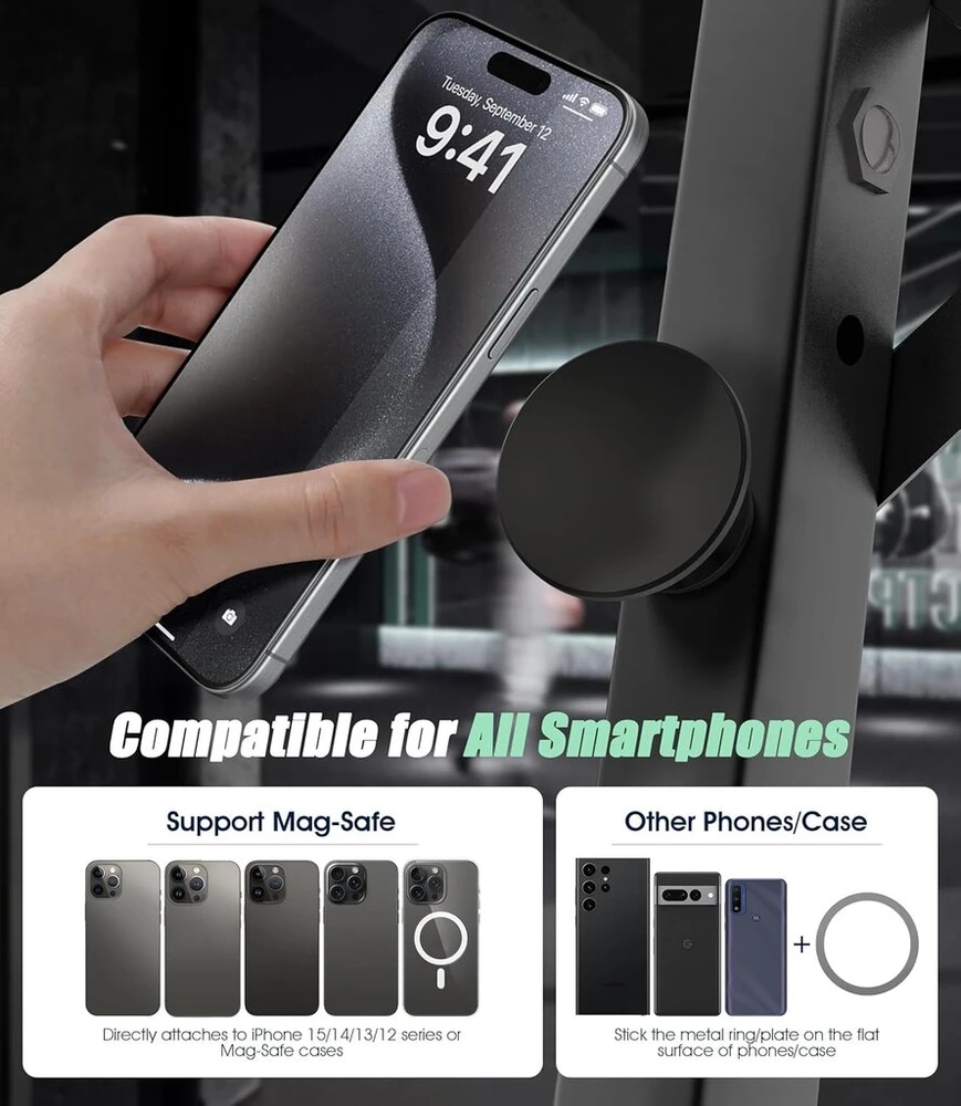 Newzerol patobulintas magnetinis telefono laikiklis sporto salei/automobiliui, suderinamas su mag-safe, dvigubas magnetas su stipriu magnetu, paprastas ir saugus bet kuriam mobiliajam telefonui vaizdo įrašams ir asmenukėms - juodas