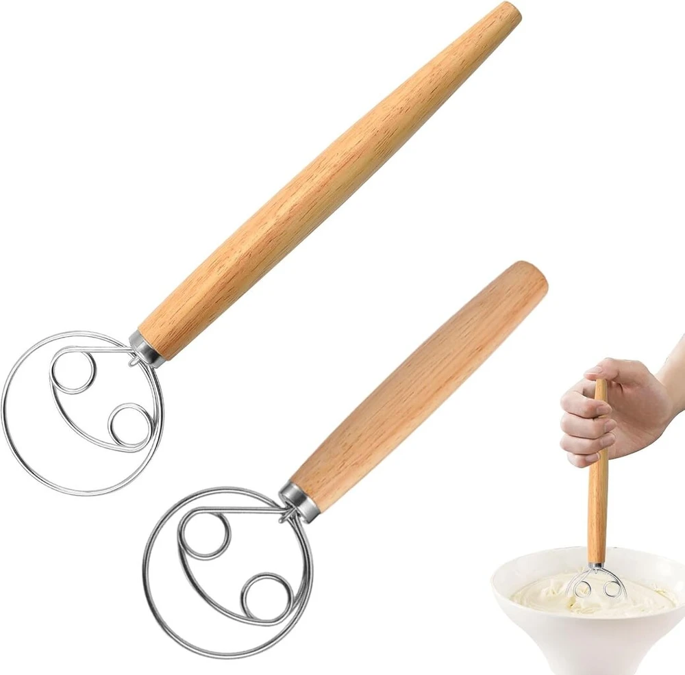 Niaciswe daniški tešlos maišymo šluotelė, 2 vnt., daniška šluotelė (33 cm ir 24 cm), nerūdijančio plieno viela su patogia medine rankena, kiaušinių plaktuvas, olandiška šluotelė, kiaušinių plaktuvas pyragų gamybai, maisto gaminimui, konditerijai, kepimui