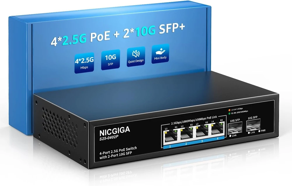 Nicgiga 4 prievadų 2.5g Poe nevaldomas komutatorius su 4 x 2.5gb Base-t Poe+@78w + 2 x 10g Sfp Uplink, 2.5gbe Ieee802.3af/at Power Over Ethernet komutatorius, palaiko Wifi6 Ap, Nas, 4k Poe kameros Nvr