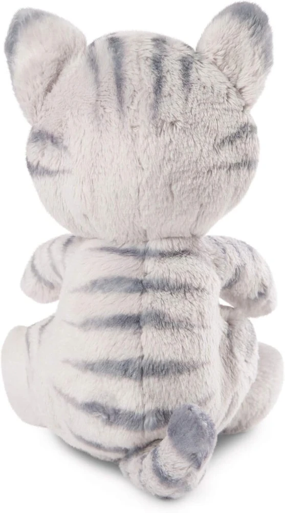 Nici Minkštas žaislas miegantis kačiukas 12 cm pilkas rožiniame/violetiniame krepšelyje