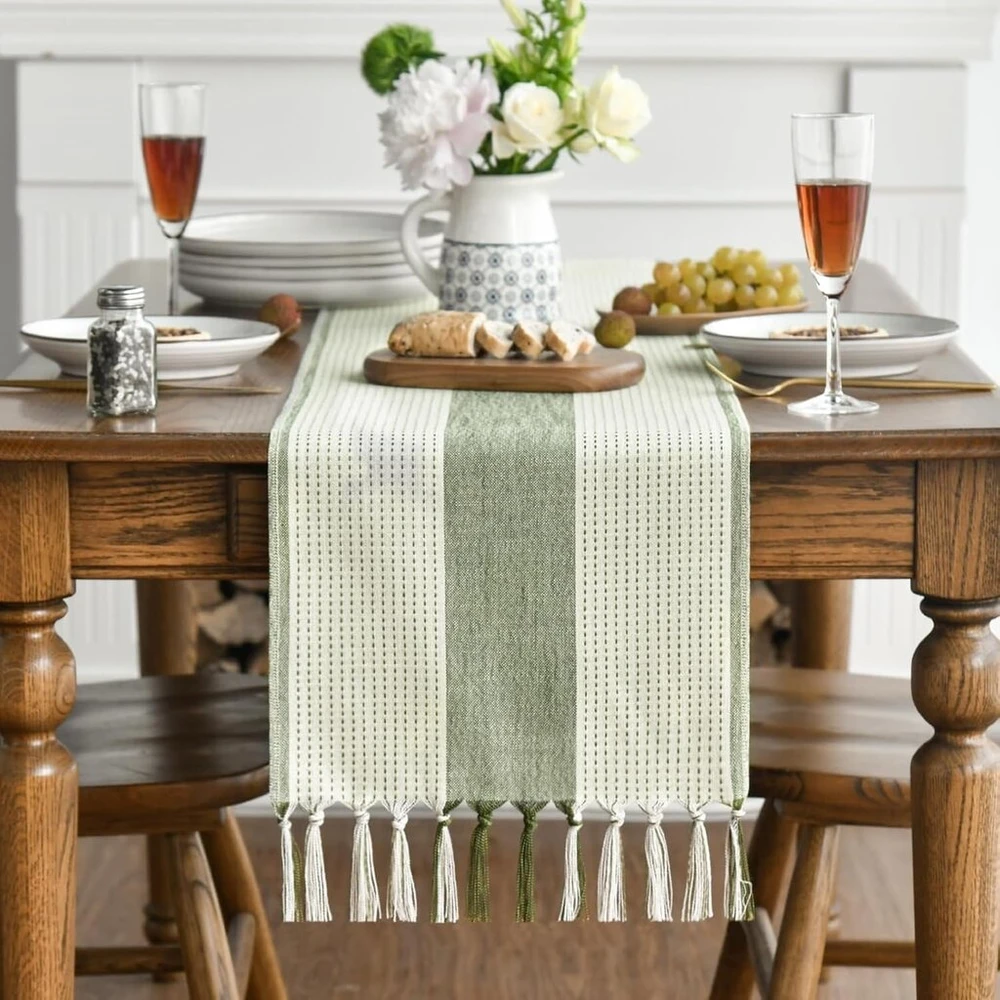 Nicklin stiliaus boho stalo takelis, 33 x 183 cm, boho stalo takelis, macrame, vintažinė staltiesė, boho linas, poliesterio stalo dekoracija maistui, vakarėliui, šventėms, vestuvėms (žalias)
