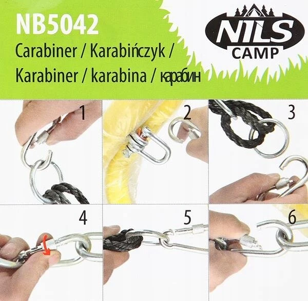 Nils Karabinas hamakams kabinti, jungiantis virves, universalus iki 500 kg, plieno