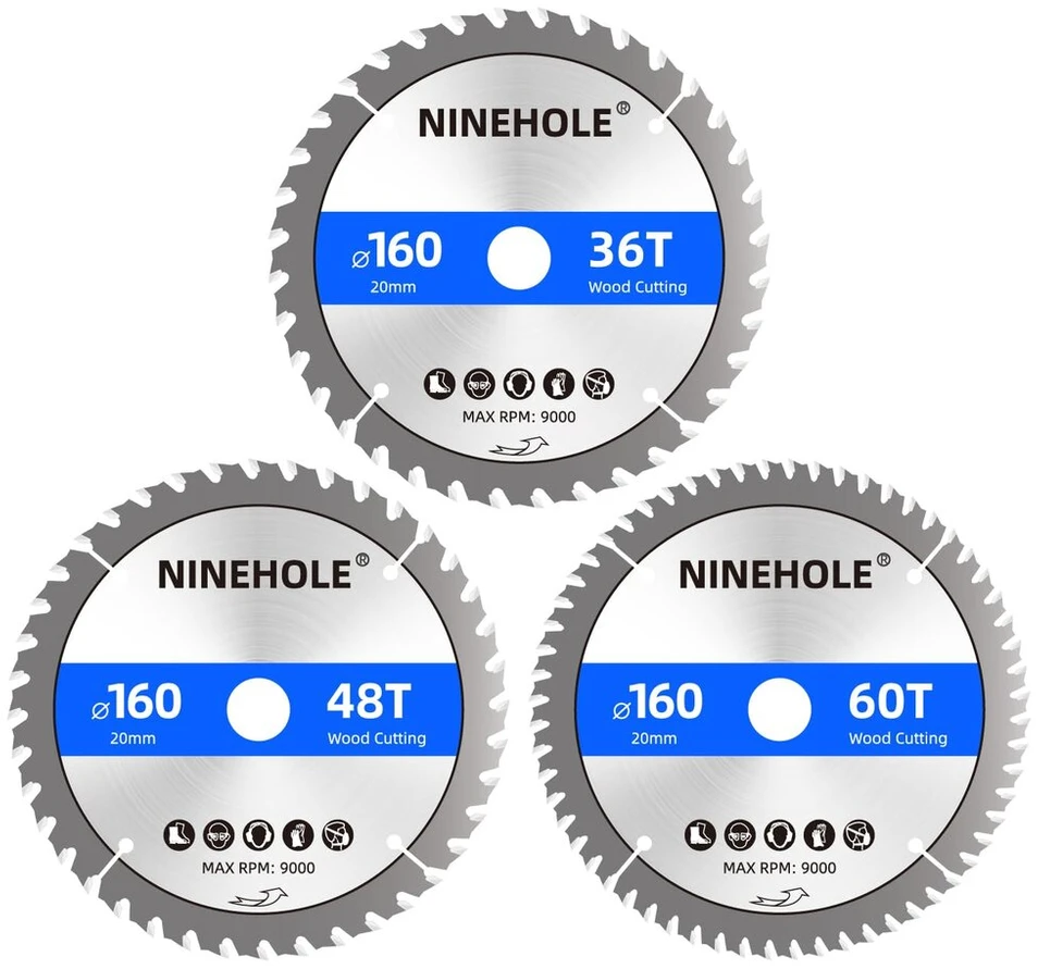 Ninehole 3 vnt. 160 x 20 mm x 36/48/60t diskinis pjūklo diskas skirtas medžiui, fanerai, laminatui, gipso kartonui, plastikui, plastikui (36, 48, 60 dantų)