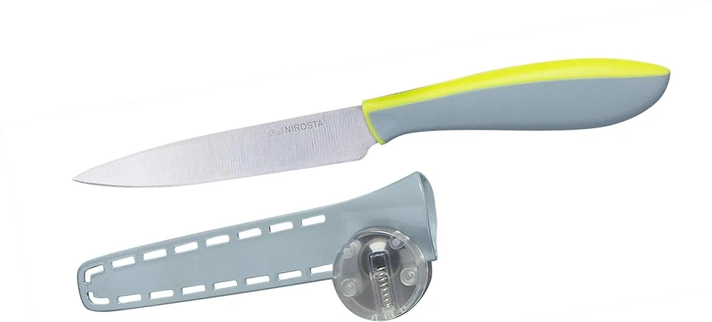 Nirosta Eversharp universalus peilis, mažas universalus peilis su minkšta rankena, su galąstuvu ašmenų apsauga, virtuvinis peilis su amžinai aštriu ašmeniu (ašmenų ilgis: apie 12 cm), kiekis: 1 vnt.