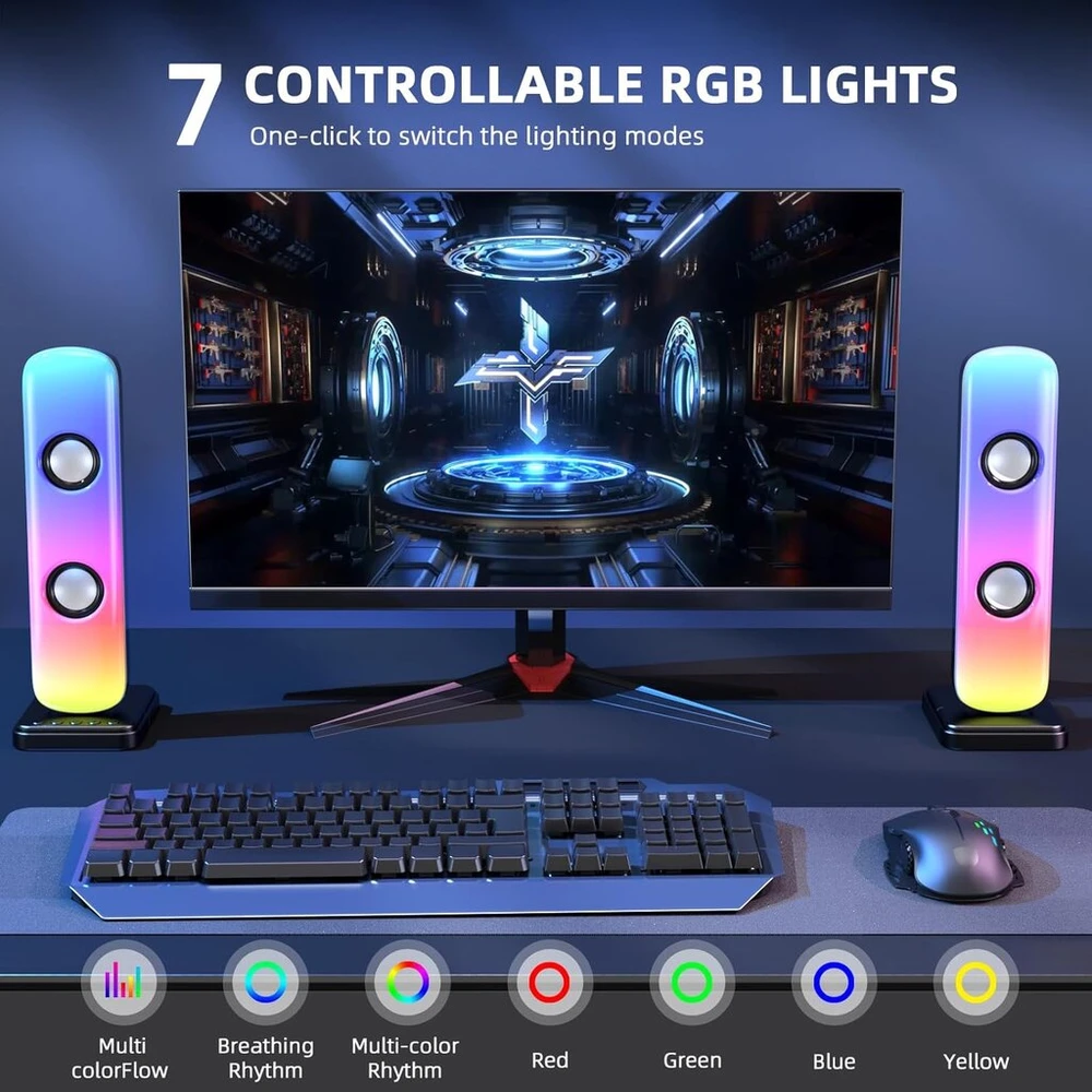 Njsj kompiuterio kolonėlės stacionariam kompiuteriui, 20w Hi-fi stereo žaidimų kolonėlės su bluetooth ir 3,5 mm Aux-in prievadu, valdomos Rgb lemputės, Ac adapterio Pc kolonėlė nešiojamam kompiuteriui, monitoriams