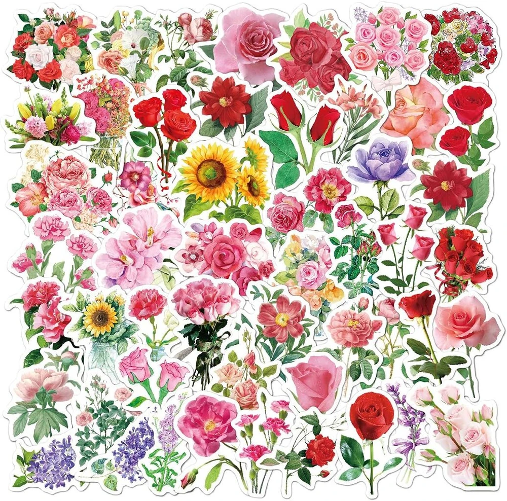 Nogamoga viniliniai lipdukai su gėlėmis/atsparūs vandeniui lipdukai (50 vnt. pakuotė), skirti scrapbooking'ui, nešiojamojo kompiuterio lipdukai, tinkami dienoraščiui, rankdarbiams, dovanoms, vandens buteliui, gitaroms