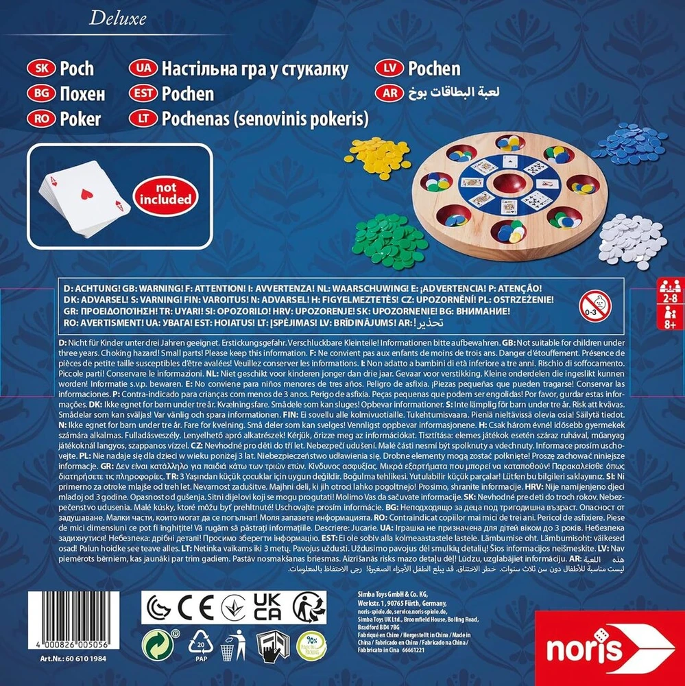 Noris Spiele Noris 606101984 Deluxe Throbbing nuo 8 metų - medinė žaidimo lenta su 300 žetonų 2-8 žaidėjams (kortos nepridedamos)